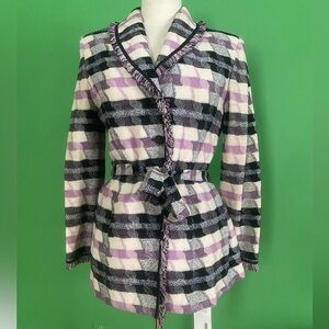 Vintage St John Collection Marie Gray Plaid knit fringe pink black belted jacket